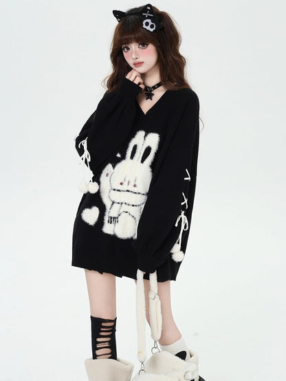 Black Cute Bunny V-neck Loose Sweater Lace-up Detail at Sleeves