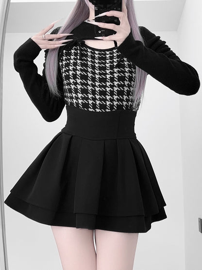 Mature Edgy Style Black Houndstooth in Sweater Open-Front | Landmine Knit