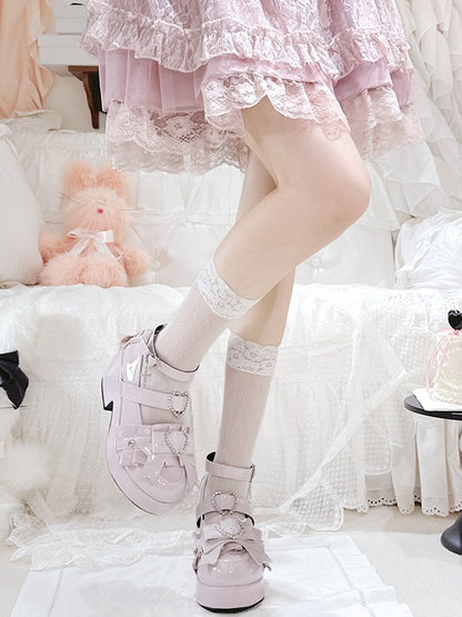 Verzierte Jirai Kei Block Heels Schnürung Polierte Plattform Rosa Details Hohe Herz Strass