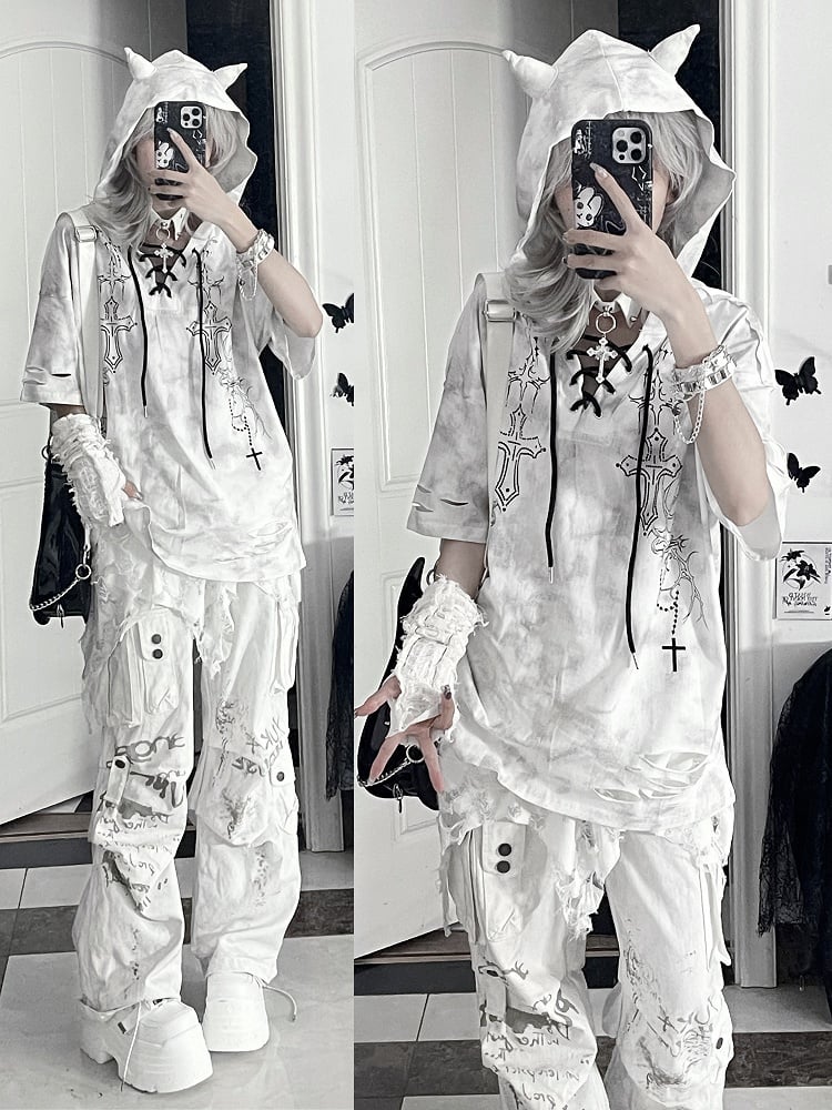 HolesCross Distressed Tie-Dye Devil WhiteGray Sleeve Print Short Horn Hoodiewith Gothic