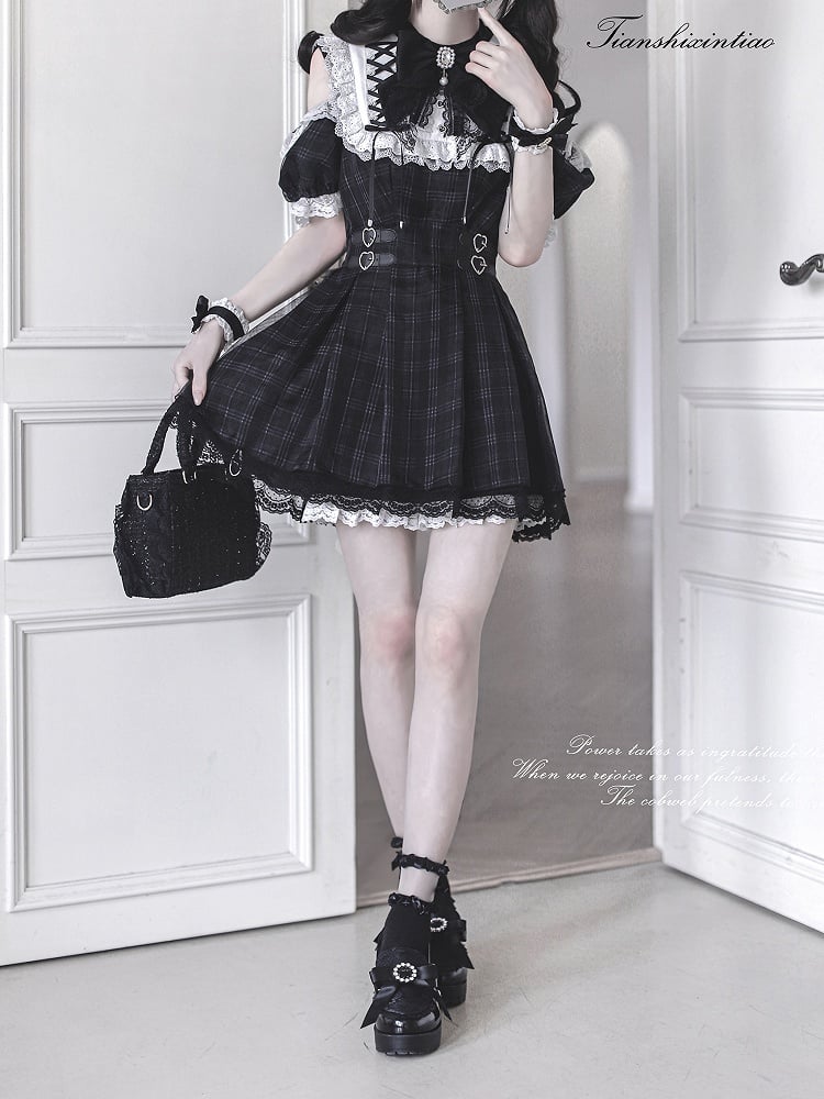 Trim Jirai Pattern Open in Dress Kei Plaid Lace White Shoulder with Lace-up Black Neckline