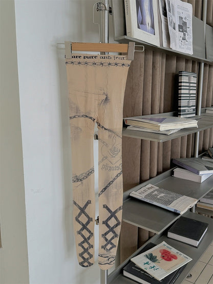 Asymmetrical Grunge Print Tights - Edgy Artistic Tattoo Style, Nude & White