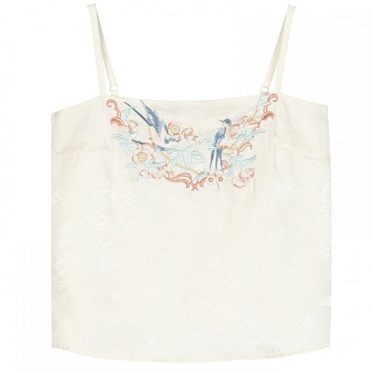 キャミソールと刺繍のトップス アプリコットバードフローラル