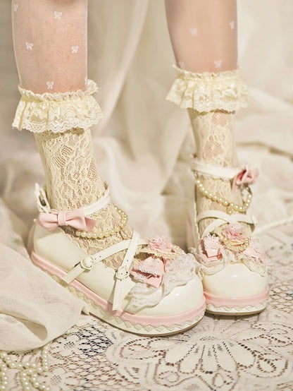 With Bow Beaded at Top Floral Design White Platforms Detachable Trim Lace Heart Chain Buckle