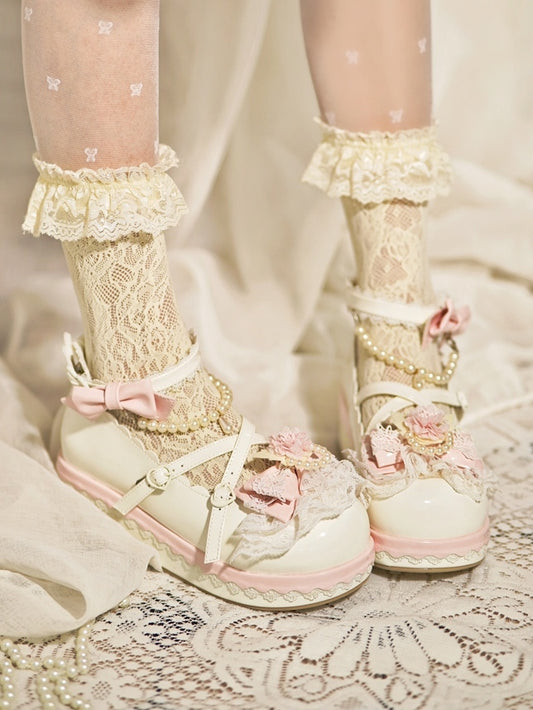 With Bow Beaded at Top Floral Design White Platforms Detachable Trim Lace Heart Chain Buckle
