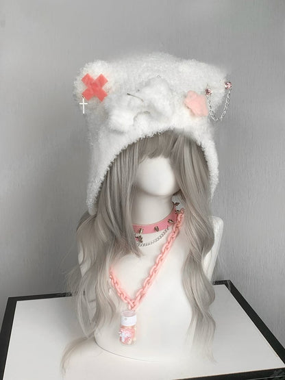 Blue Cross and Pin AccentsBear Ear Plush Hat with Bone and Star
