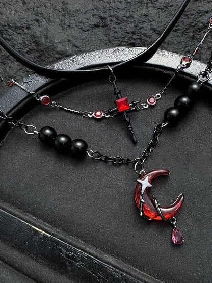 Beaded Layered Gothic Necklace with Red Moon - YSHXS