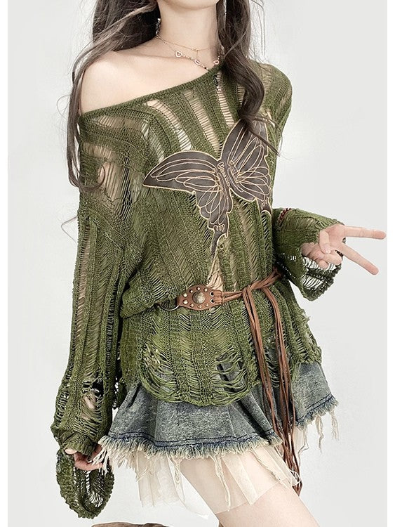 Knitted Applique Long Glamorous Sleeve Protection Butterfly Green Sun Top Bittersweet