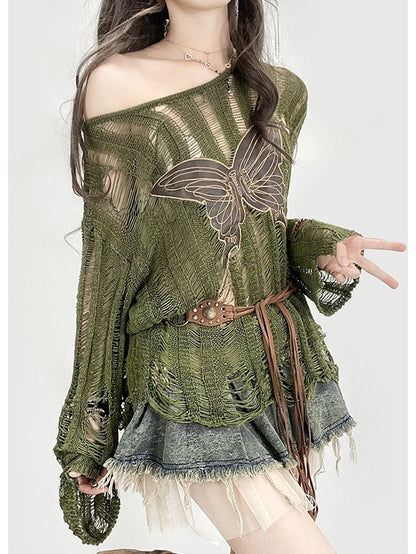 Knitted Applique Long Glamorous Sleeve Protection Butterfly Green Sun Top Bittersweet