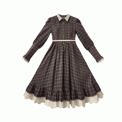 Ärmel Braun kariertes langes und beiges Spitzenkleid mit Taillengürtelbesatz