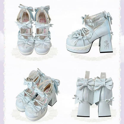 Heart Platform Block Accents Heels with - Sky Height 8cm Heel Lolita Blue Snap Sweet Decorative Striped High Bow