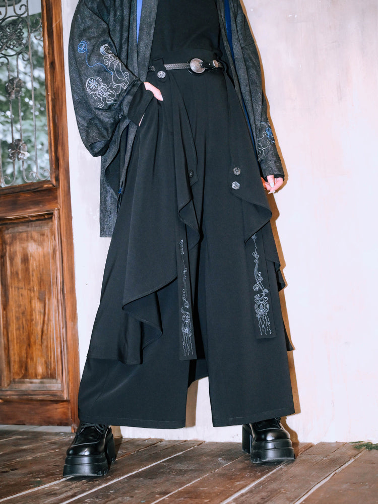 Gothic Black Wide-Leg Trousers with Asymmetrical Layers & Detachable Jellyfish Embroidered Ribbon - Quirky Hut
