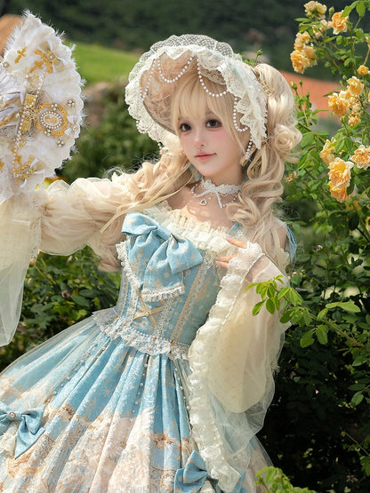 Print Blue Lolita Unicorn Details Bead Bonnet