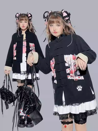 Black Cartoon Anime Banded Collar Oversized Top