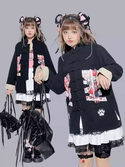 Black Cartoon Anime Banded Collar Oversized Top