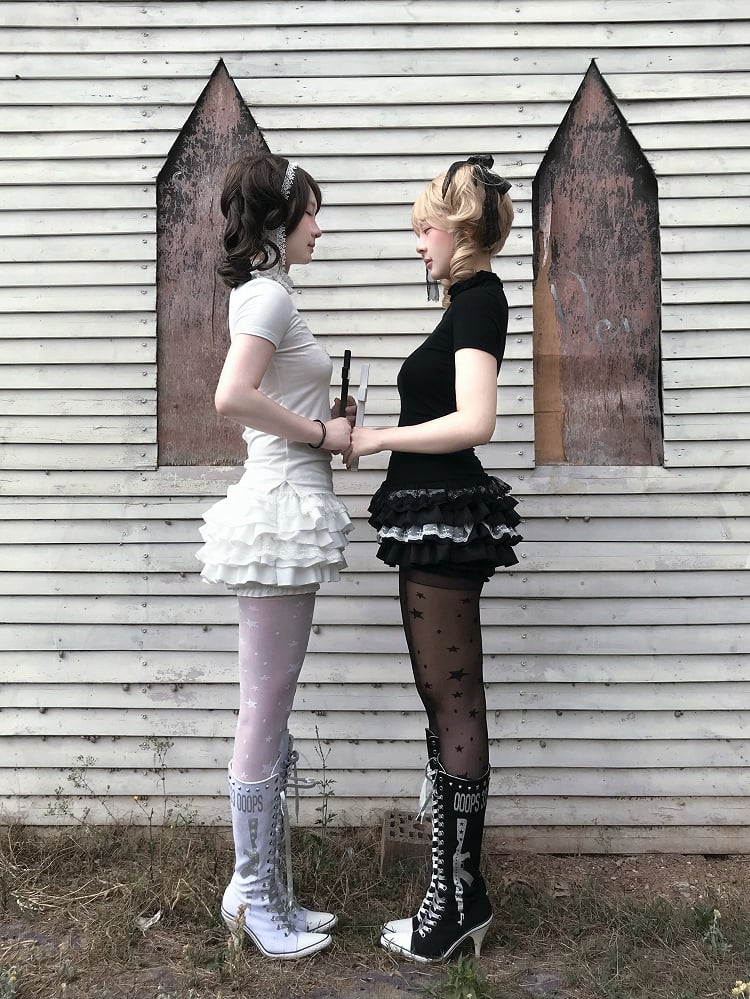 Tiered Cross Skort Gothic Black/White Elastic Waist Lace Trim Bloomers