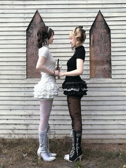 Tiered Cross Skort Gothic Black/White Elastic Waist Lace Trim Bloomers