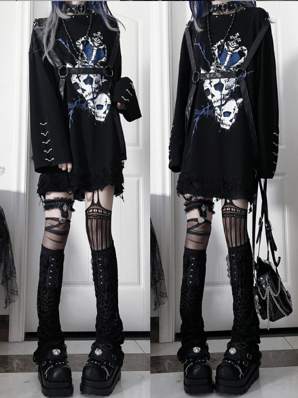 PU Subculture Print Top Heart with Straps Accents Chain Punk Blue Cuff Long-Sleeve Black
