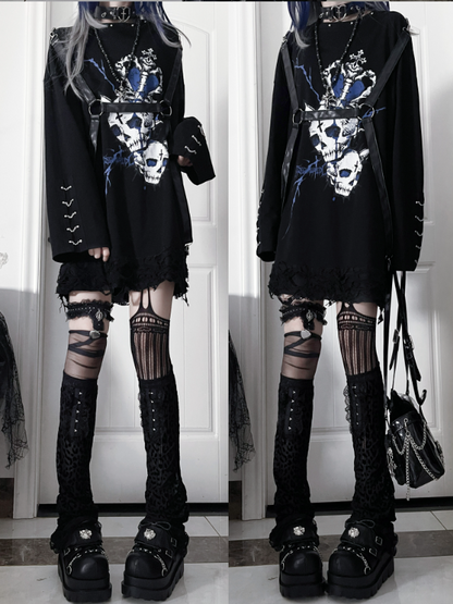PU Subculture Print Top Heart with Straps Accents Chain Punk Blue Cuff Long-Sleeve Black
