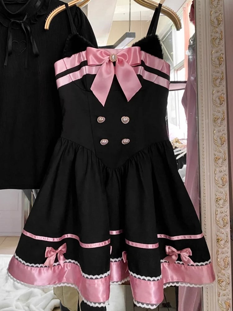 Schwarz-rosa Katzenohren Schleife Akzente Basken Taille Süßes Kleid Lolita Pullover Rock