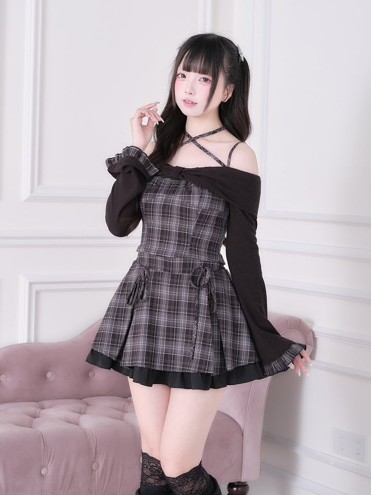 Black Plaid Set Design Off-Shoulder With Bow Long Top Strap Crisscross Ruffled Sleeve Jirai + Kei Skirt