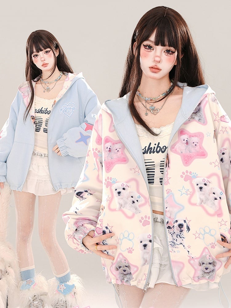 Blue Cute Puppies Pattern Reversible Zip Hoodie