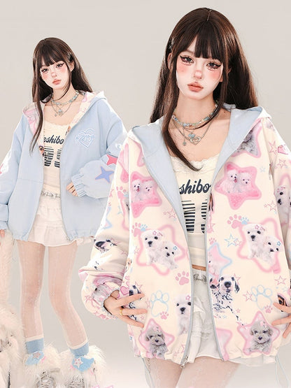 Blue Cute Puppies Pattern Reversible Zip Hoodie