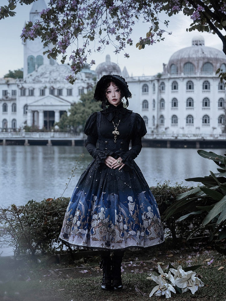 Blue Gothic Lolita and Under with Cross Bust Dress Black Lace Print Trim Skeleton