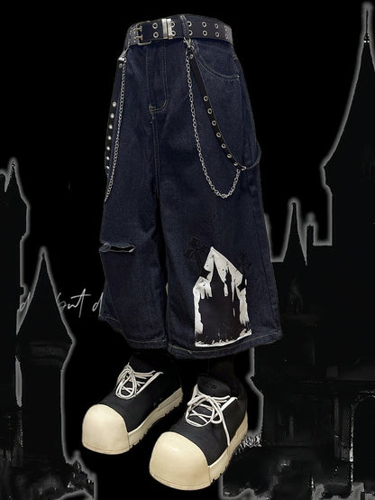 Cross Applique Design Shorts Dark Blue Distressed Holes Wide-Leg Cargo Y2K