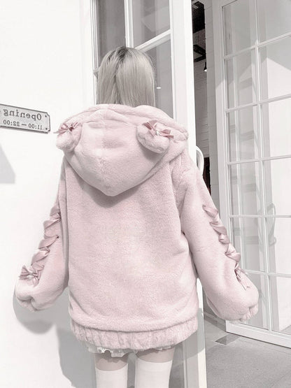Light Plush with Pink Kei Jirai Bow Hooded Bear Jacket Ear Warm Decor