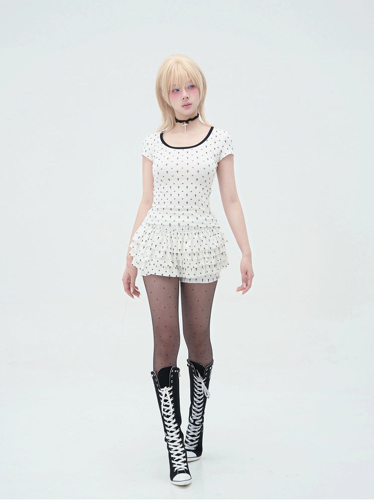 Pastel Gothic White Allover Cat Paw and Cross Print Tiered Ruffles Skort