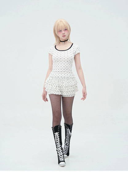 Pastel Gothic White Allover Cat Paw and Cross Print Tiered Ruffles Skort
