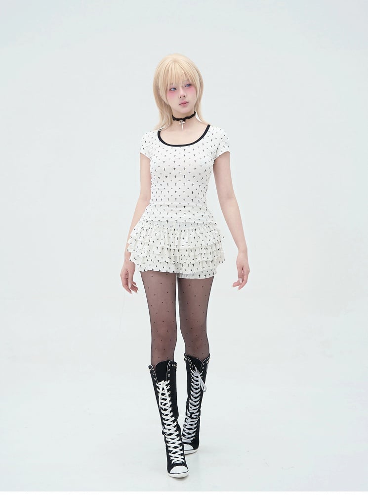 Detail Back Cat Paw Print Cat Ears and T-Shirt White at Allover Black Cross Pastel Gothic