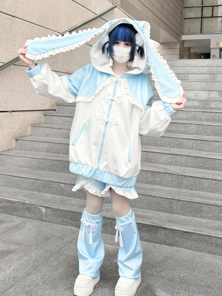 Tenshi Kaiwai Blue Jirai Kei フリルトリムノットボタンショーツ