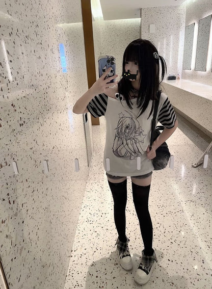 Decor White Y2K Cartoon with T-shirt Print Girl Skeleton Sleeve Striped