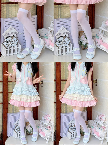 Velcro PU Ear Strap Sweet Closures in Low-heel Janes Accent Paw Kitty Details Blue Lolita Mary