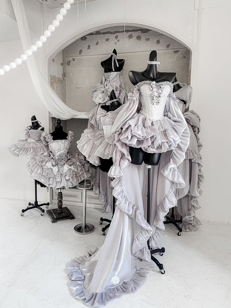 + Schnür-Ballettoberteil, komplettes Set, große Ärmel, Rock, Schleppe, Schleife, Korsett, silberfarben