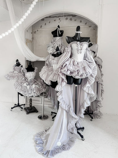 + Schnür-Ballettoberteil, komplettes Set, große Ärmel, Rock, Schleppe, Schleife, Korsett, silberfarben