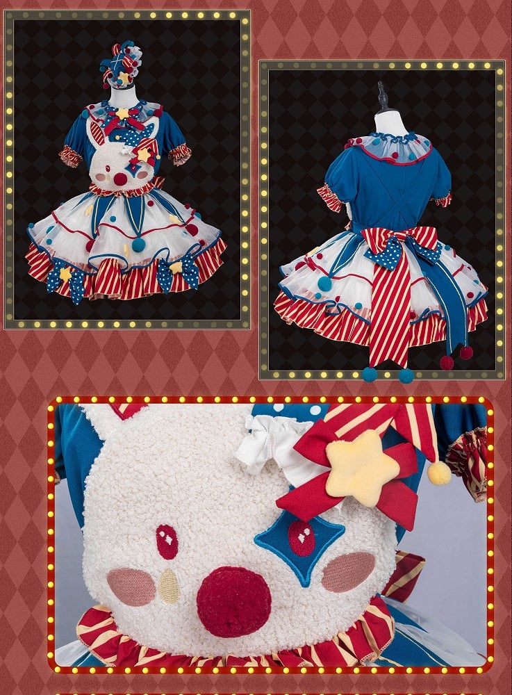 Lolita und Zirkus Pastell Clown Mieder Overalls Rotes Kleid Blau Dunkel Clowncore Bunny Fleece Süß