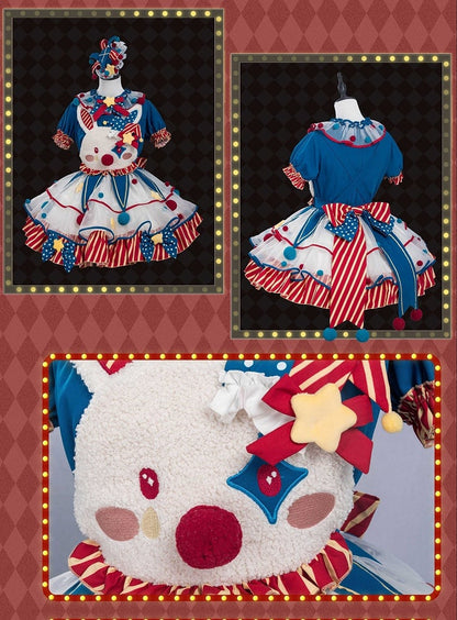 Lolita und Zirkus Pastell Clown Mieder Overalls Rotes Kleid Blau Dunkel Clowncore Bunny Fleece Süß