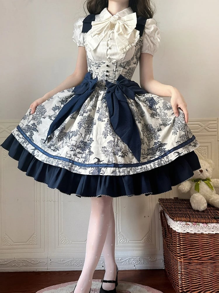 Bust Dark Bowknot Blue Straps Basque Skirt Waist Jumper Lolita Under Shoulder
