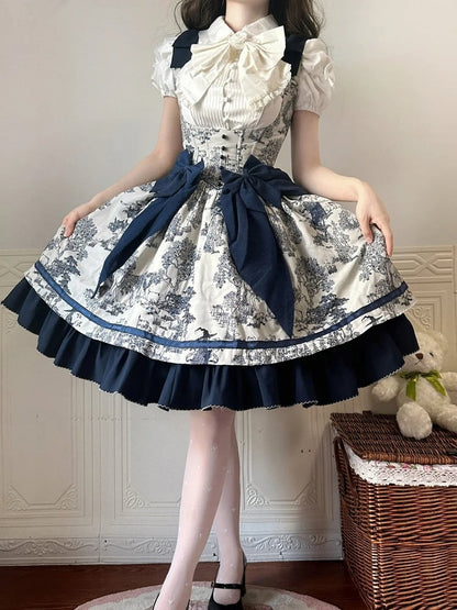 Bust Dark Bowknot Blue Straps Basque Skirt Waist Jumper Lolita Under Shoulder