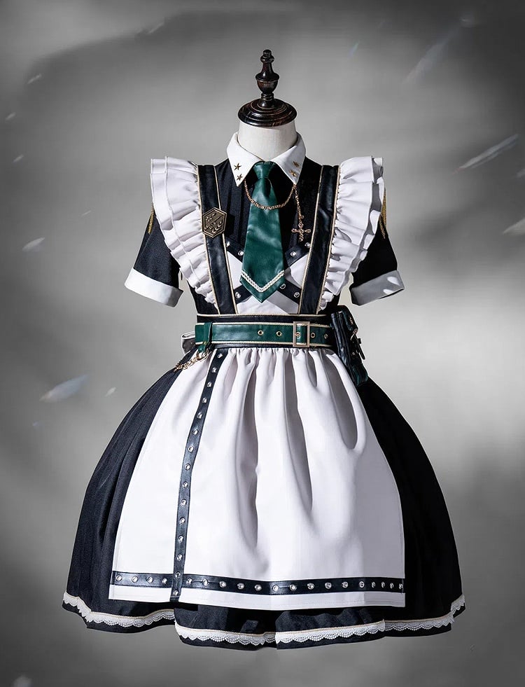 Kleid kurz Militär voller Lolita Flatterärmel und Dienstmädchen Schürze Set schwarz