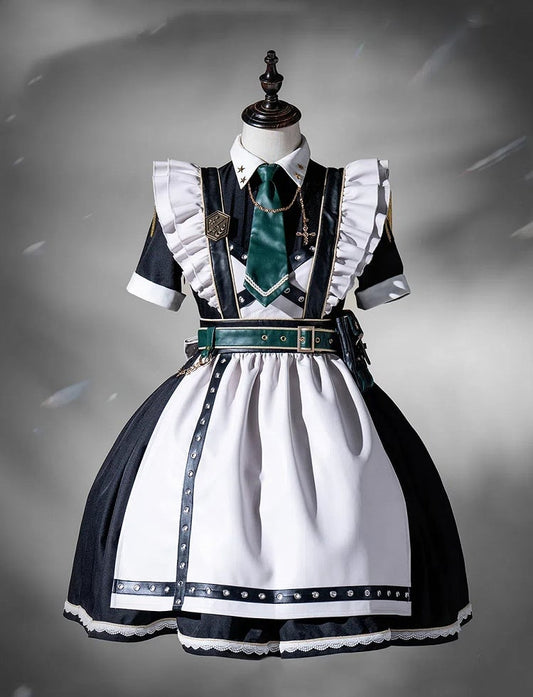 Kleid kurz Militär voller Lolita Flatterärmel und Dienstmädchen Schürze Set schwarz