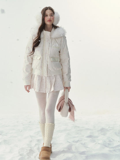 Winter Hood Jacket Trim Floral with Printed White Plush
