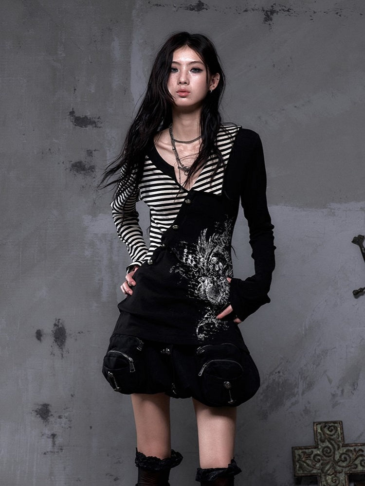 Top Vintage + Gothic Y2K Striped Collar with Black Punk Heart Knit Sleeve Motif