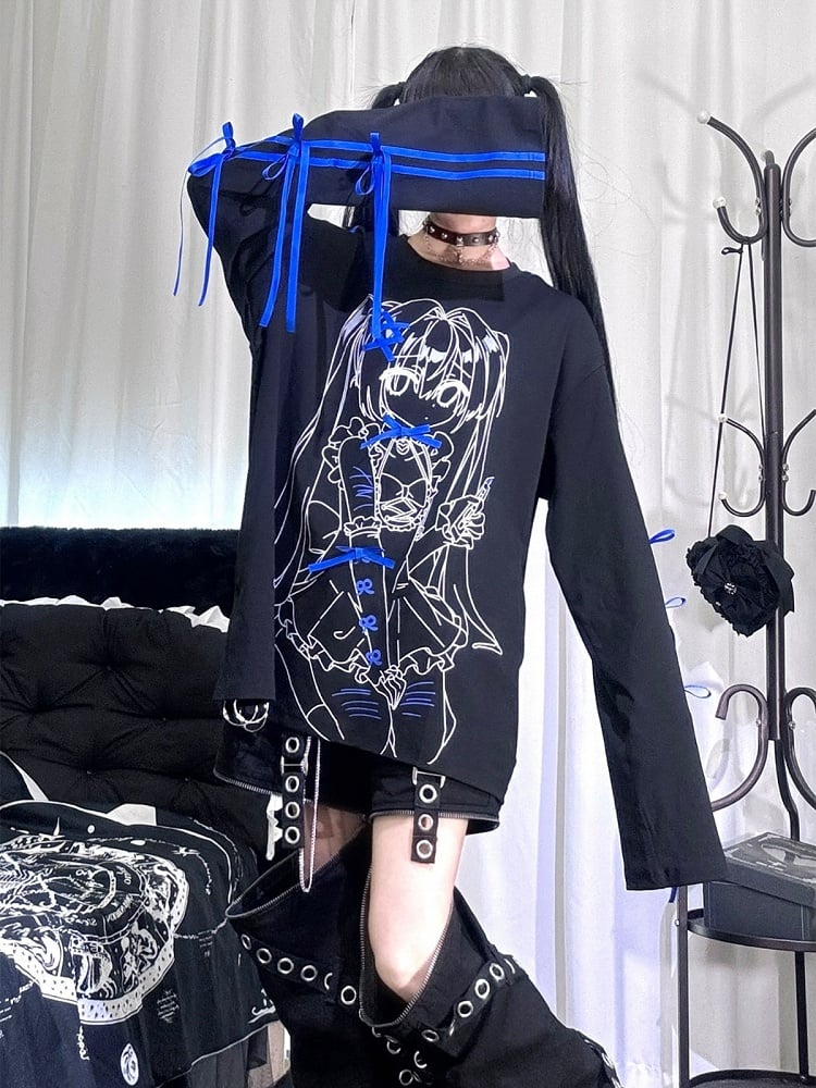 Loose Jirai-Kei Long-Sleeve Tee with Anime Girl Print & Bows in Black Blue - Puzzles