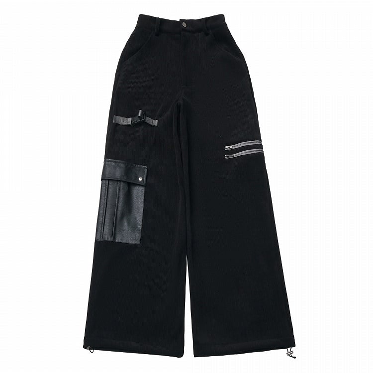 Pants and Detail Straight-Leg Utility Strap Techwear Pockets with PU Black