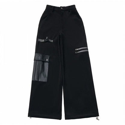 Pants and Detail Straight-Leg Utility Strap Techwear Pockets with PU Black