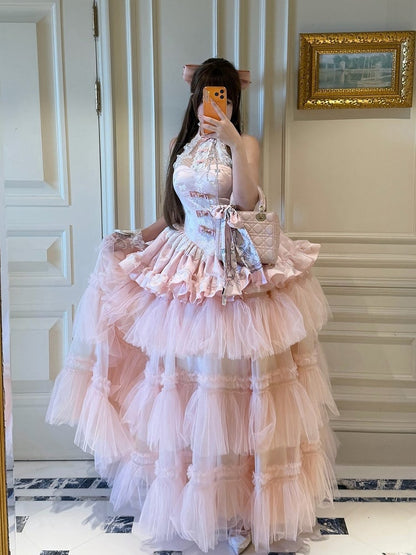 Pink Bow Halter Neck Prom Dress with Tiered Tulle - Diamond Honey